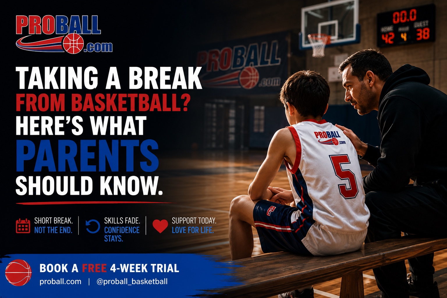 A youth basketball coach sits beside a young ProBall player on the bench inside an indoor basketball stadium, offering encouragement during a break. The image features the headline “Taking a Break From Basketball? Here’s What Parents Should Know” with ProBall’s blue, red and white branding, highlighting that taking time away from sport doesn’t mean the end of a child’s basketball journey.